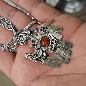 Vintage Silver-Tone Bird Pendant Necklace with Amber Stone